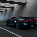 Black And Blue Bugatti Sports Car In Concrete Tunnel With Bright Light