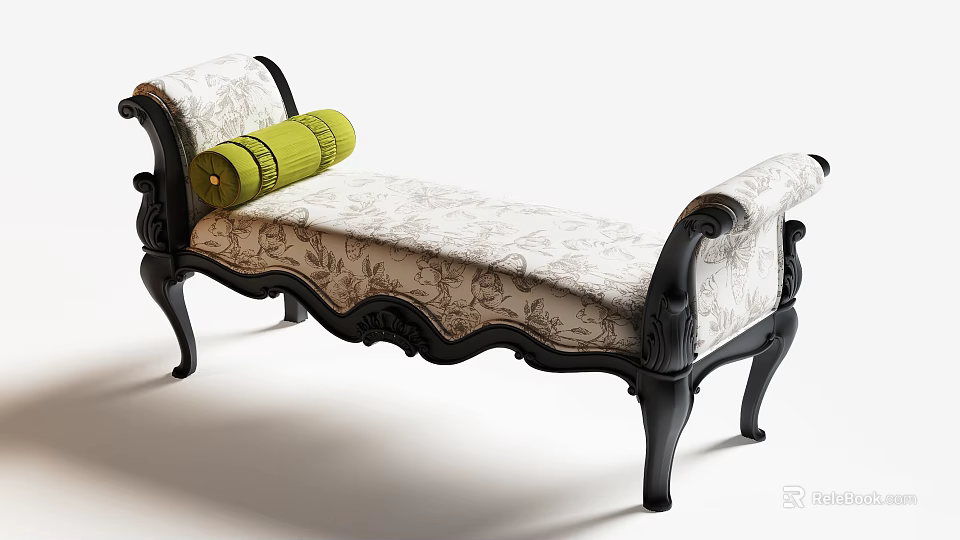 Classic Floral Patterned Ottoman With Black Wooden Frame And Green Cushion 3d model 