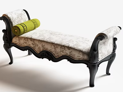 Classic Floral Patterned Ottoman With Black Wooden Frame And Green Cushion 3d model