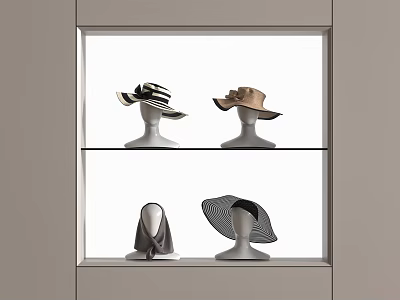 Stylish Black Striped And Brown Wide Brimmed Hats Displayed On Mannequin Heads In Glass Shelf 3d model