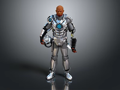 Futuristic Game Movie Character In Silver Mechanical Armor With Blue Glowing Core And Weapon 3d model
