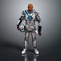 Futuristic Game Movie Character In Silver Mechanical Armor With Blue Glowing Core And Weapon