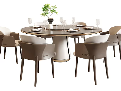 Modern Round Dining Table Set with Upholstered Chairs Tableware Wine Glasses and Green Plant Decoration 3d model