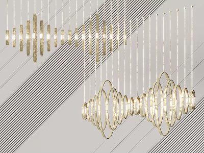 Elegant Modern Golden Circular Ring Pendant Lights Hanging Over Striped Wall 3d model