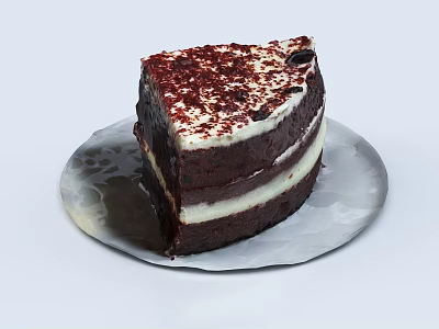 Delicious Layered Chocolate Cake With Cream Red Crumbs And Chocolate Chips On Patterned Plate 3d model