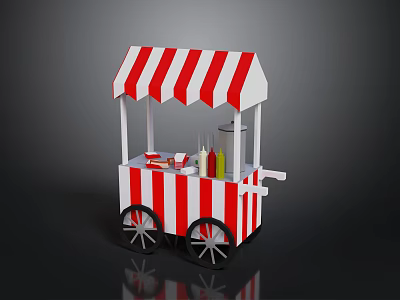Red And White Striped Food Cart With Condiment Bottles Snack Containers And Wheels 3d model