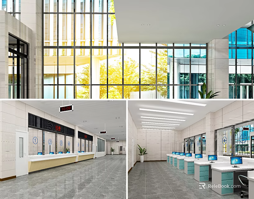 Modern Building Interior With Bright Lobby Service Counter And Computer Workstations 3d model
