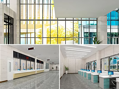 Modern Building Interior With Bright Lobby Service Counter And Computer Workstations 3d model