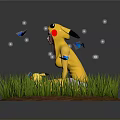 Person in Pikachu Costume with Small Pikachu Figure on Grass with Butterflies and Glowing Spots