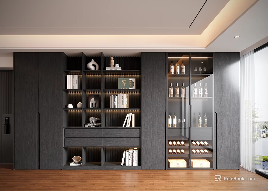 Modern Dark Colored Decorative Cabinet With Compartments Books Decorative Items Wine Bottles And Glass Doors 3d model 