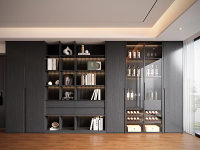 Modern Dark Colored Decorative Cabinet With Compartments Books Decorative Items Wine Bottles And Glass Doors 3d model