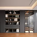 Modern Dark Colored Decorative Cabinet With Compartments Books Decorative Items Wine Bottles And Glass Doors