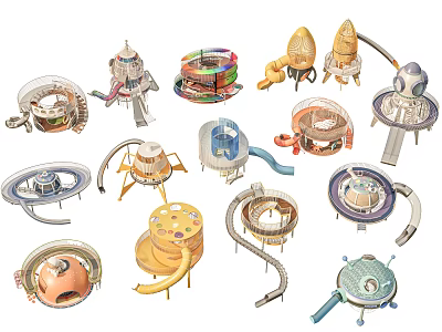 Various Colorful Playground Equipment with Rotating Slides and Climbing Structures for Kids 3d model