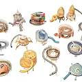 Various Colorful Playground Equipment with Rotating Slides and Climbing Structures for Kids