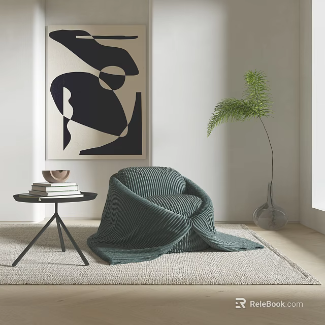 Single Sofa Covered in Green Ribbed Blanket Near Side Table Abstract Painting and Green Plant 3d model 