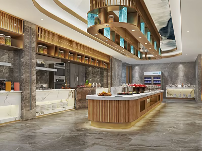 Modern Restaurant Interior Design With Wooden Display Shelves And Marble Counter Pendant Lights 3d model
