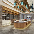 Modern Restaurant Interior Design With Wooden Display Shelves And Marble Counter Pendant Lights