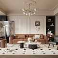 French Middle-style Living Room Leather Sofa Coffee Table Combination Floor Lamp Screen Casual Chair 3d model