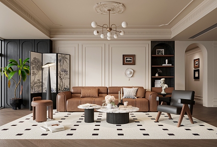 French Middle-style Living Room Leather Sofa Coffee Table Combination Floor Lamp Screen Casual Chair 3d model