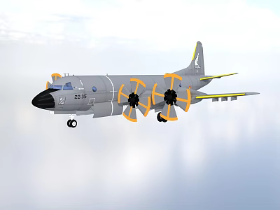 Military Gray Fighter Jet with Yellow Propellers Flying High in Sky 3d model