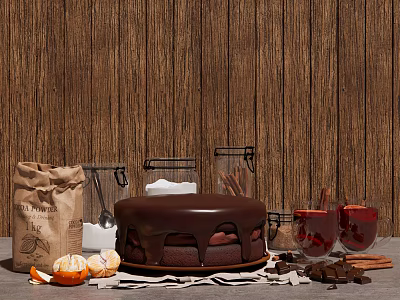 Rich Chocolate Cake On Wooden Table With Sugar Cinnamon Mulled Wine Chocolate Pieces And Cookies 3d model