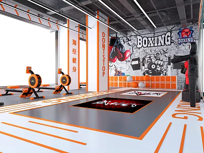 Modern Boxing Fitness Gym Interior with Rowing Machines Boxing Mat and Orange Lines 3d model