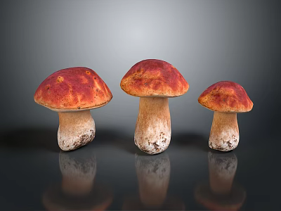 Three Fresh Red Brown Cap Mushrooms With White Stems And Glossy Surface 3d model