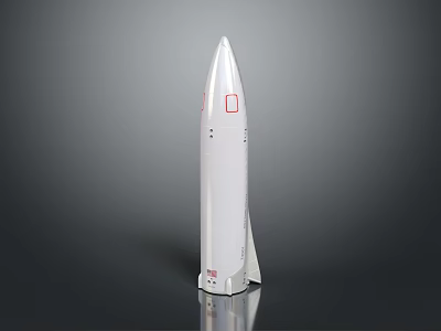 White Rocket Model with Red Accents and Sleek Aerodynamic Design Displayed on Reflective Surface 3d model