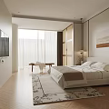 Modern Bedroom Interior With Large Bed Area Rug TV And Floor To Ceiling Windows