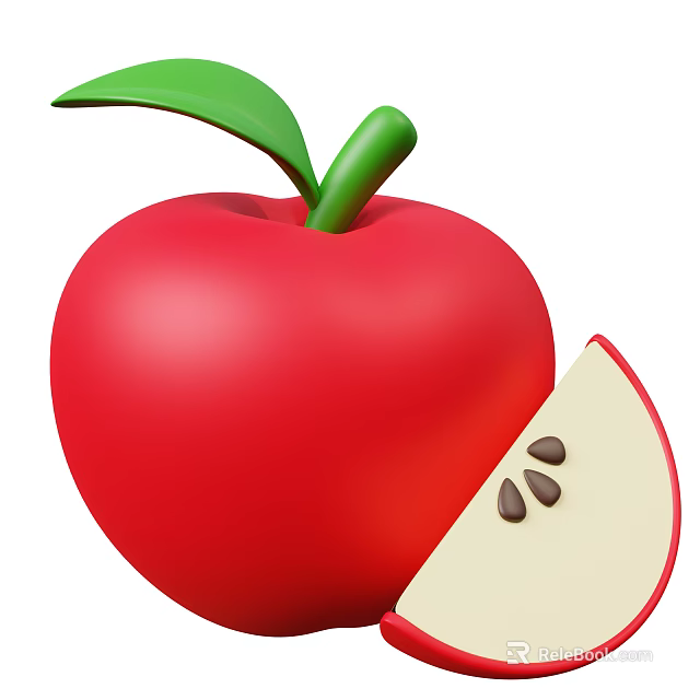 Fresh Red Apple With Green Leaf Whole And Sliced With Seeds 3d model 
