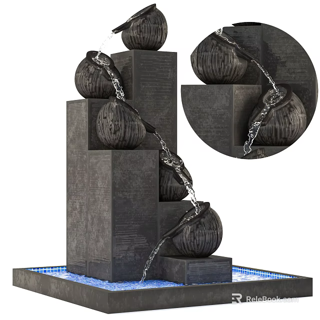 Multi Tiered Stone Garden Ornament With Spherical Balls Flowing Water And Blue LED Lights 3d model 