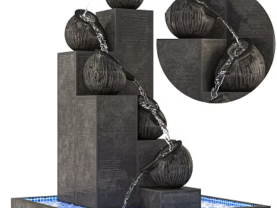Multi Tiered Stone Garden Ornament With Spherical Balls Flowing Water And Blue LED Lights 3d model