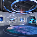 Futuristic Exhibition Hall With Circular LED Lights Starry Floor And Digital Screens