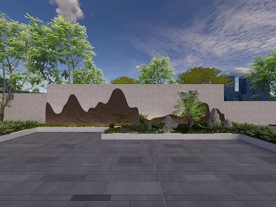 Feature Wall With Mountain Pattern And Green Plants In Outdoor Stone Pavement Area 3d model