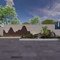 Feature Wall With Mountain Pattern And Green Plants In Outdoor Stone Pavement Area