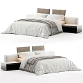 Double Bed With White Quilt Gray Stripes And Upholstered Headboard In Bedroom