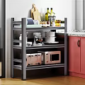 Practical Kitchen Shelf Organizing Cooking Utensils Plates Bowls Toaster Microwave And Red Cabinets