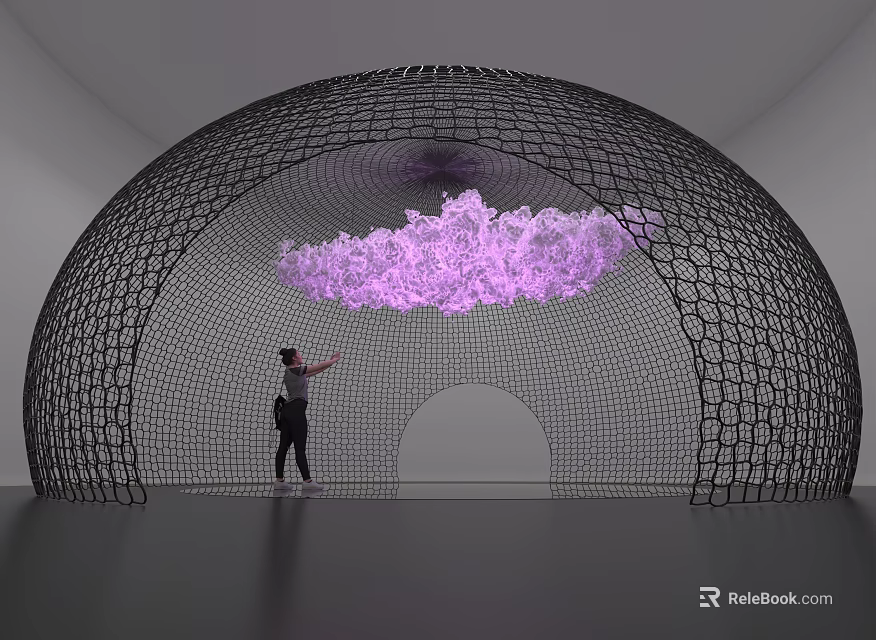 Art Installation Featuring Black Mesh Dome Structure With Purple Cloud Element And Person Interacting Inside 3d model
