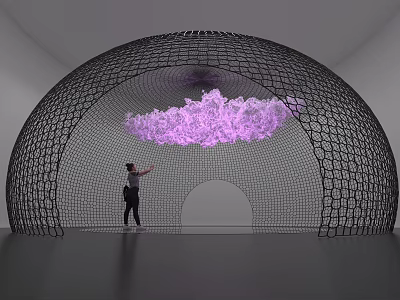 Art Installation Featuring Black Mesh Dome Structure With Purple Cloud Element And Person Interacting Inside 3d model