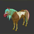 3D Brown and White Horse with Golden Mane Tail Blue Eyes Standing on Black Background