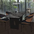 Modern Table with Marble Top and Wooden Black Leather Chairs in Glass Walls Trees Interior