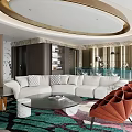 Luxurious Modern Living Dining Room With White Sofa Round Coffee Table And Colorful Rug