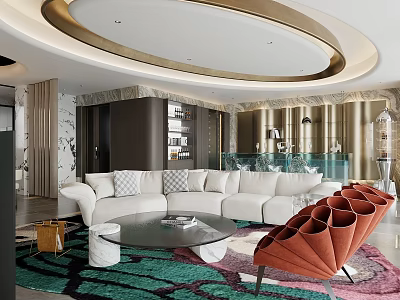 Luxurious Modern Living Dining Room With White Sofa Round Coffee Table And Colorful Rug 3d model