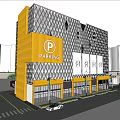 Modern Commercial Complex With Yellow Exterior Diamond Pattern Parking Facility And Retail Storefronts 3d model