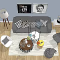 Gray Sofa With Striped Pillows And Coffee Table Set Geometric Wooden And Colorful Pendant Lights