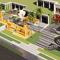 Modern Commercial Landscape Design With Palm Trees Outdoor Seating And Green Walkways