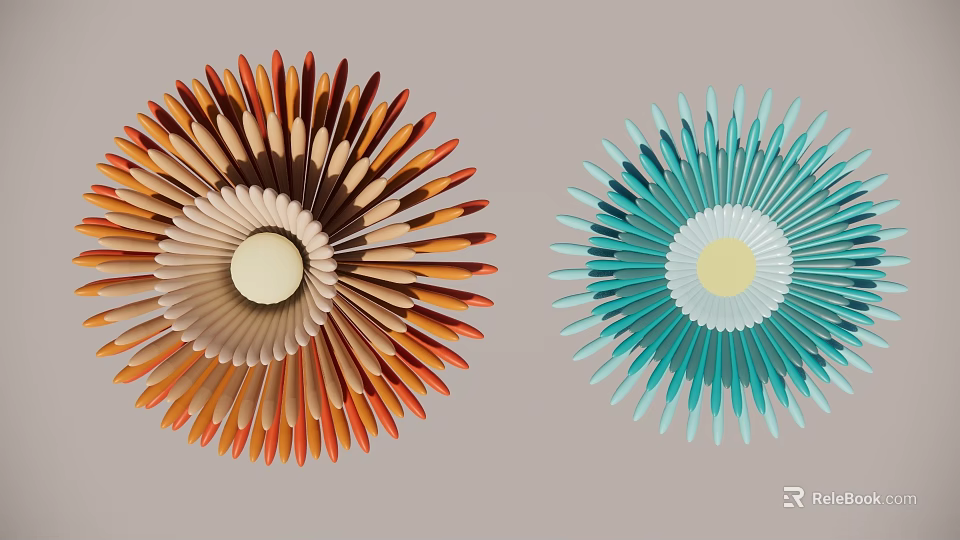 Flower Shaped Decorative Pieces With Radial Pattern In Teal And Orange Brown On Gray Background 3d model 
