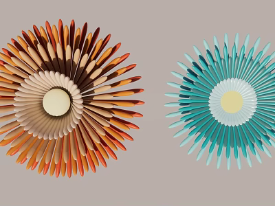 Flower Shaped Decorative Pieces With Radial Pattern In Teal And Orange Brown On Gray Background 3d model