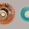 Flower Shaped Decorative Pieces With Radial Pattern In Teal And Orange Brown On Gray Background