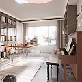 Modern Living Room Interior Design with Bookshelves Chairs Table and Natural Light